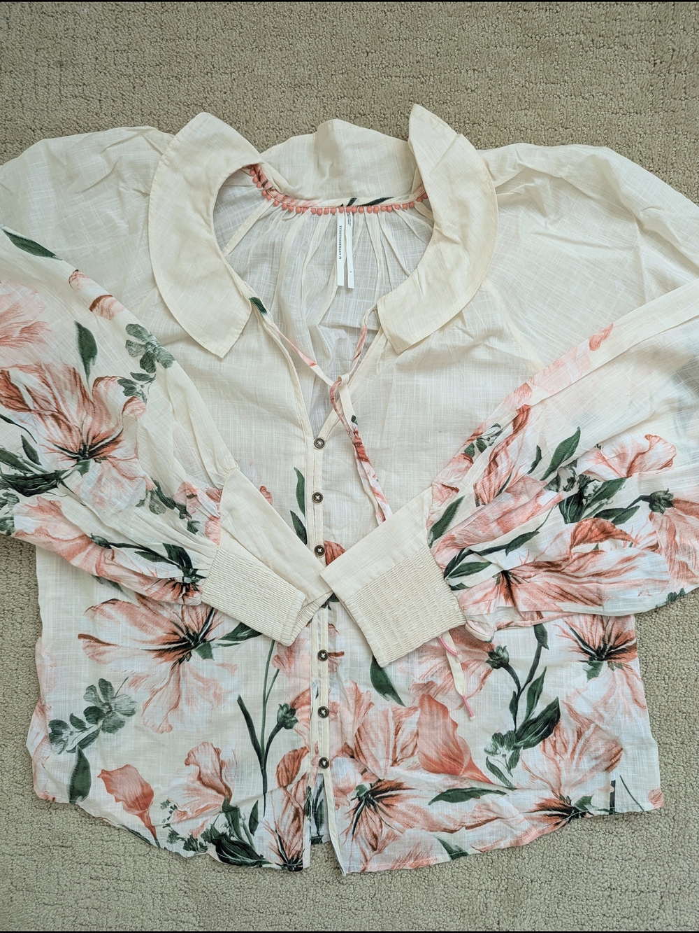 Anthropologie Floral Peasant Blouse L Balloon Sleeve Smocked Cuff Boho Feminine - Picture 5 of 10